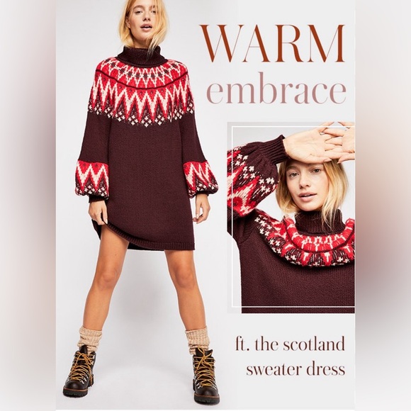 Free People Scotland Sweater Dress Plum & Red Fair Isle Sweater Dress Size Small - Picture 2 of 11